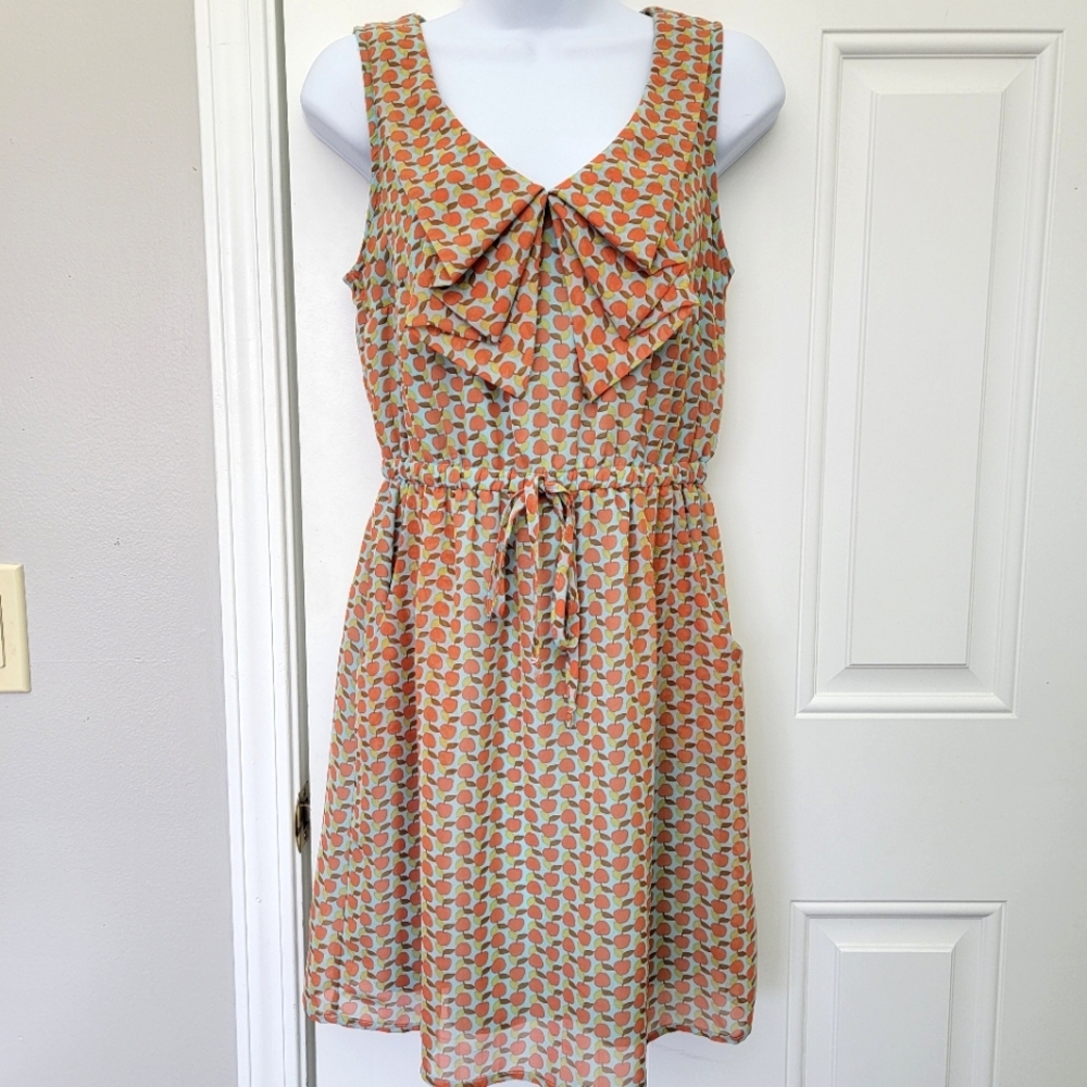 Fishbowl Apple Print Pleated Collar V Neck Lined Sundress Teacher Size M